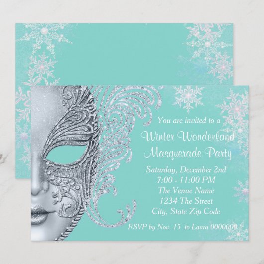 Blauwgroen Blue Winter Wonderland Masquerade Party Kaart (Voorkant / Achterkant)