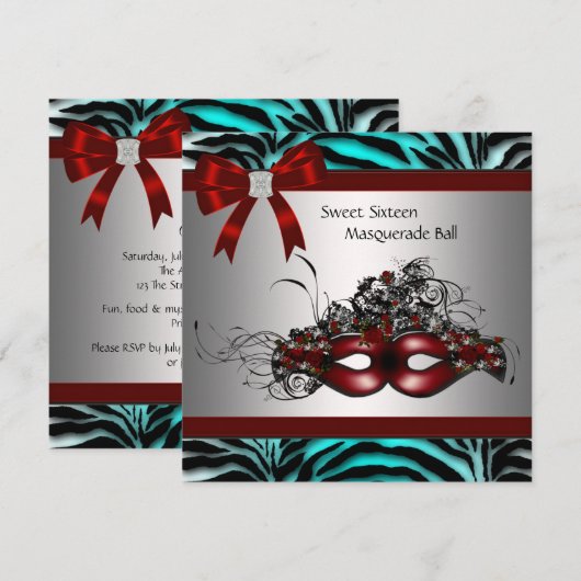 Blauwgroen Blue Zebra Sweet 16 Masquerade Party Kaart (Voorkant / Achterkant)