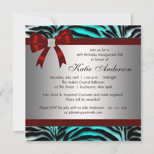 Blauwgroen Blue Zebra Sweet 16 Masquerade Party Kaart (Achterkant)