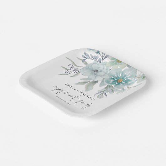 Blauwgroen Blue Zee Mist Florals Script Engagement Papieren Bordje (Gebogen)