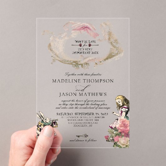 Blauwgroen Blush Alice in Wonderland Wedding Acryl Uitnodigingen (Insitu (Draagbaar))