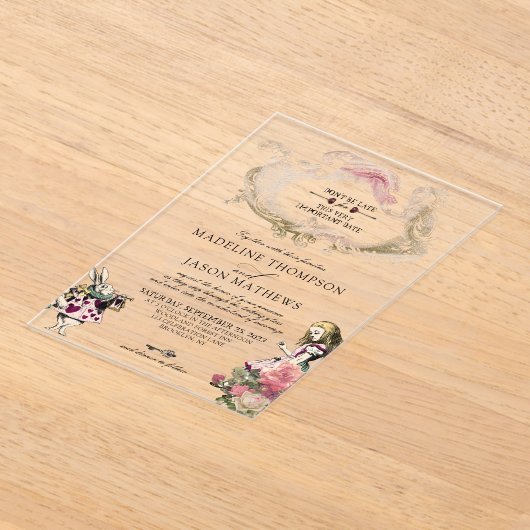 Blauwgroen Blush Alice in Wonderland Wedding Acryl Uitnodigingen (Laagn)
