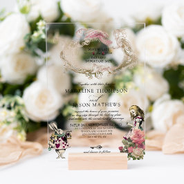  Blauwgroen Blush Alice in Wonderland Wedding Acryl Uitnodigingen