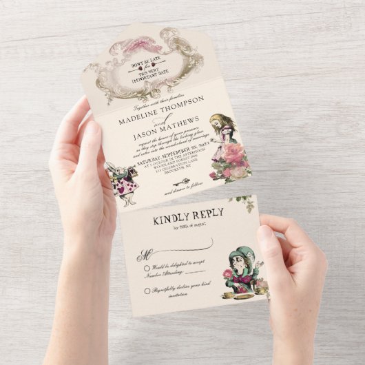Blauwgroen Blush Alice in Wonderland Wedding All In One Uitnodiging (Afscheurbaar)