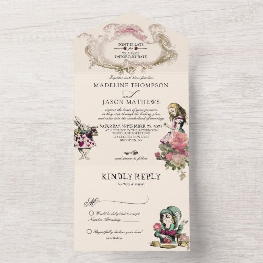  Blauwgroen Blush Alice in Wonderland Wedding All In One Uitnodiging (Binnen)