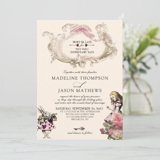  Blauwgroen Blush Alice in Wonderland Wedding Kaart (Staand voorkant)