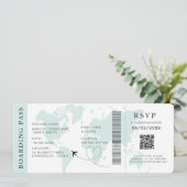 Blauwgroen Boarding Pass Bestemming bruiloft QR-co Kaart (Staand voorkant)