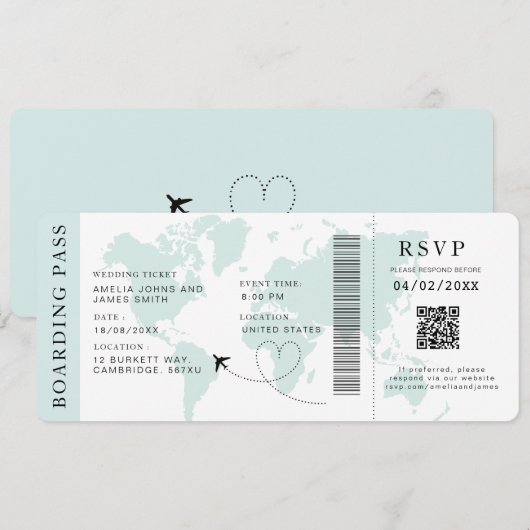 Blauwgroen Boarding Pass Bestemming bruiloft QR-co Kaart (Voorkant / Achterkant)