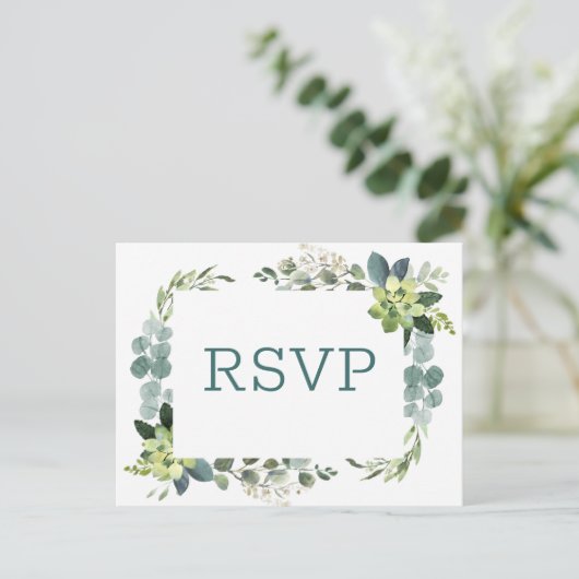 Blauwgroen boeket - RSVP Post Kaart (Staand voorkant)