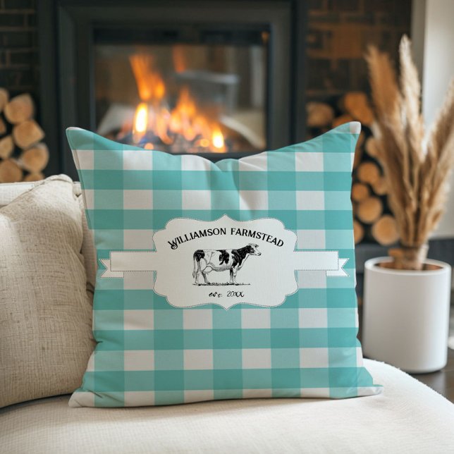 Blauwgroen Boerderij met bufferplaat Koe Sierkusse Kussen (Teal Buffalo Plaid Farm Cow Throw Pillow)