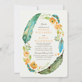 Blauwgroen Boheemse Floral Feathers Botanische bru Kaart