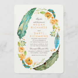 Blauwgroen Boheemse Floral Feathers Botanische bru Kaart