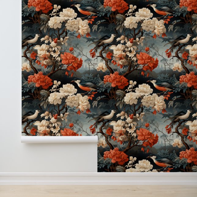  Blauwgroen Boho Birds Georgisch | VICTORIAANS Behang (Applicatie)