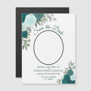 Blauwgroen Boho Bloemen & Foto Bruiloft Save the D Magnetische Uitnodiging