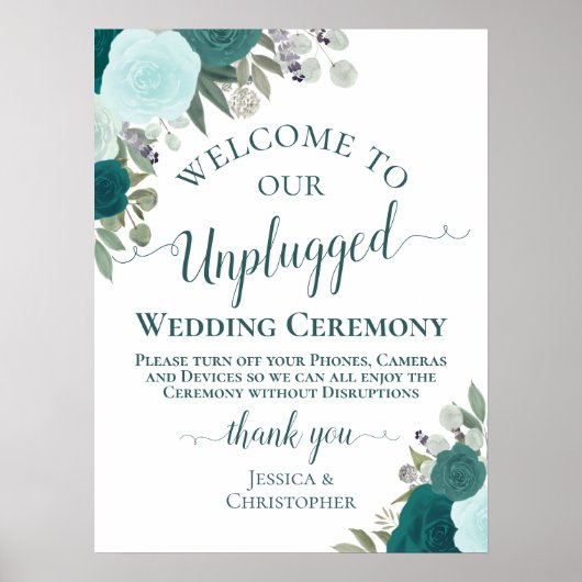 Blauwgroen Boho Chic Floral Unplugged Wedding Cere Poster (Voorkant)