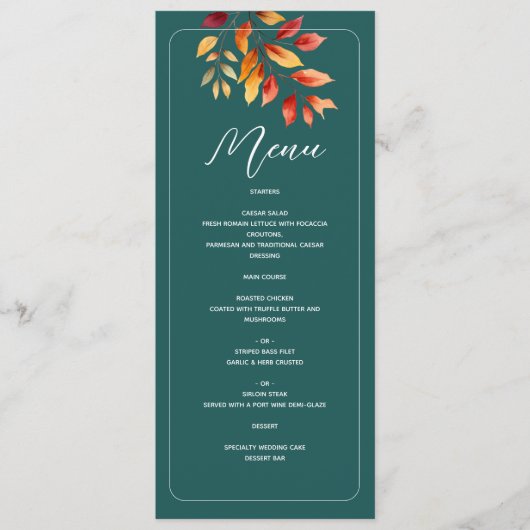Blauwgroen Boho Fall Wedding Menu (Voorkant)