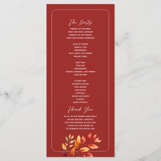 Blauwgroen Boho Fall Wedding Programmakaart (Achterkant)