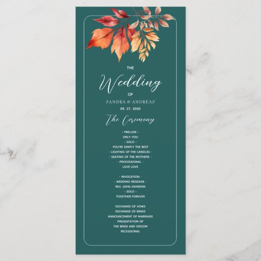 Blauwgroen Boho Fall Wedding Programmakaart (Voorkant)