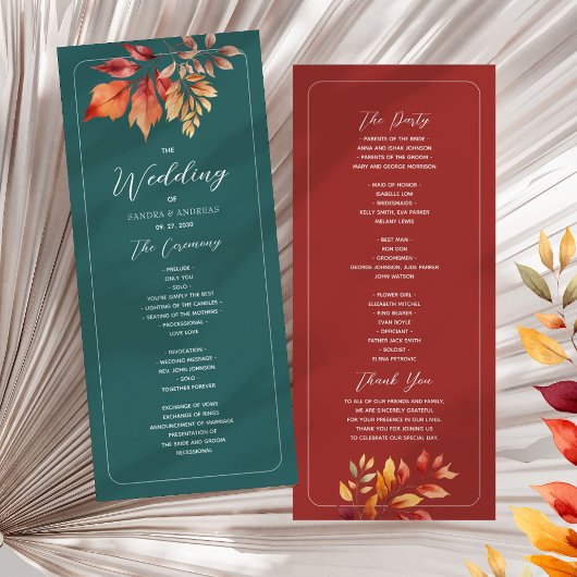 Blauwgroen Boho Fall Wedding Programmakaart