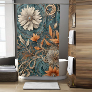 Blauwgroen Boho Flower Douchegordijn