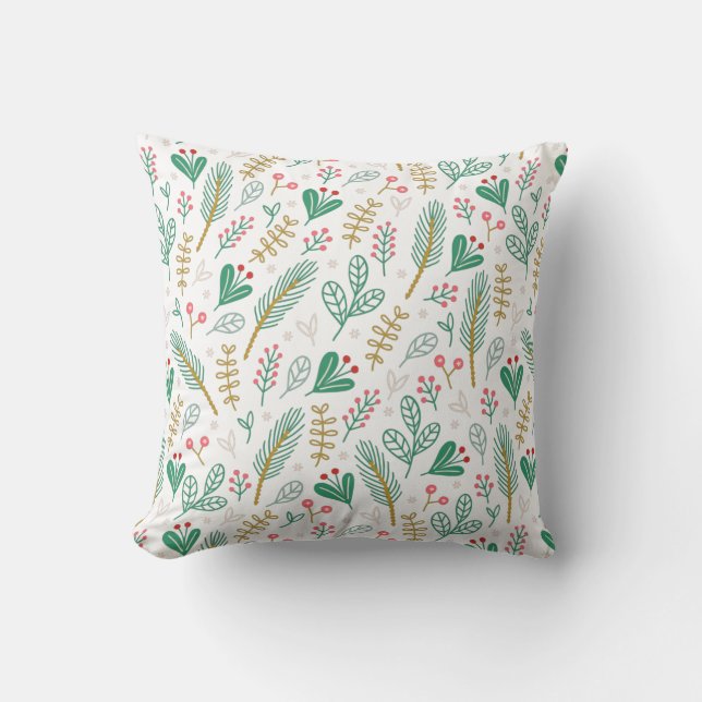 Blauwgroen Boho Pine Needle Leaf Berry Holiday Kussen (Voorkant)