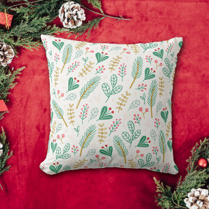 Blauwgroen Boho Pine Needle Leaf Berry Holiday Kussen