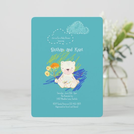 Blauwgroen Boho Teddy Bear Baby shower Kaart (Staand voorkant)