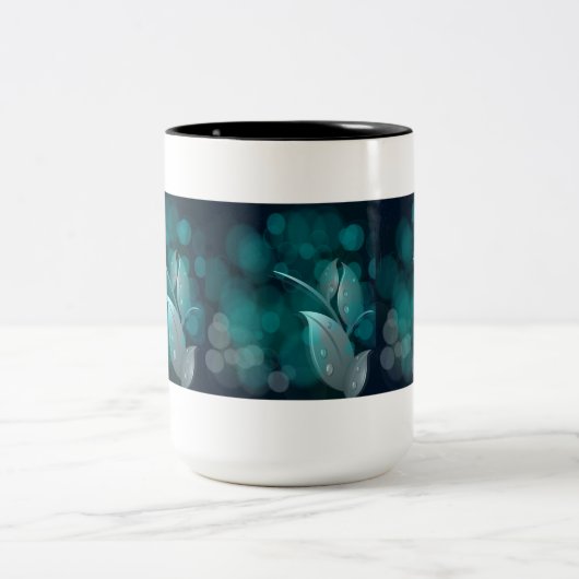 Blauwgroen bokeh bladeren tweekleurige koffiemok (Center)