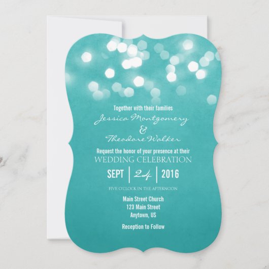 Blauwgroen Bokeh Glitter Lights Wedding Uitnodigin Kaart (Voorkant)
