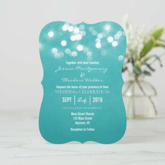 Blauwgroen Bokeh Glitter Lights Wedding Uitnodigin Kaart (Staand voorkant)
