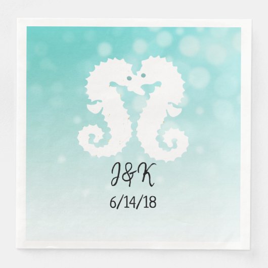 Blauwgroen Bokeh Seapaarden Kissing Wedding Napkin Servet (Voorkant)