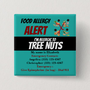 Blauwgroen boom Nut Food Allergy Alert Vierkante Button 5,1 Cm