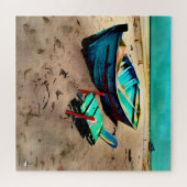 Blauwgroen boot op een zandstrand legpuzzel (Horizontaal)