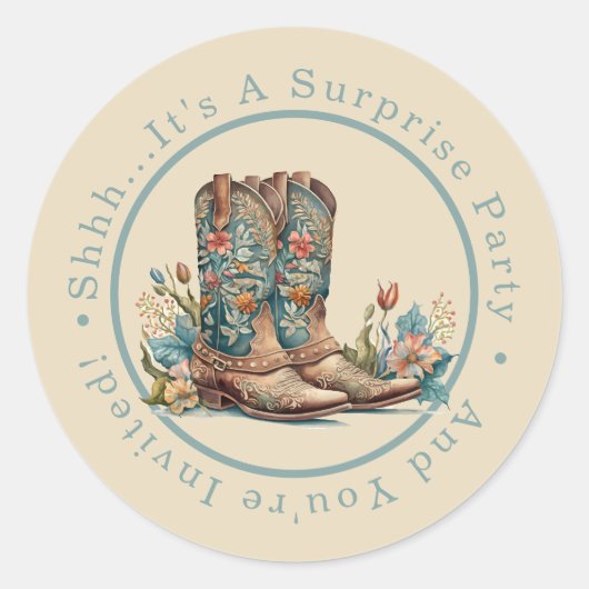 Blauwgroen Boots & Wildflower Surprise Party Ronde Sticker (Voorkant)