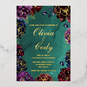 Blauwgroen Bordeaux Amethist Jewel Tone Gold bruil Folie Uitnodiging