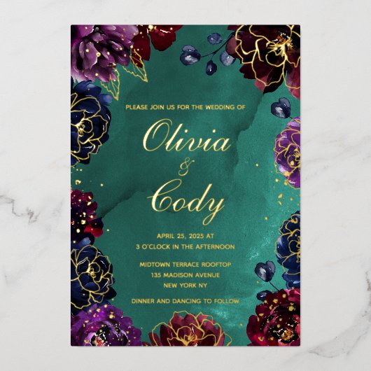 Blauwgroen Bordeaux Amethist Jewel Tone Gold bruil Folie Uitnodiging (Voorkant)
