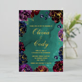 Blauwgroen Bordeaux Amethist Jewel Tone Gold bruil Folie Uitnodiging (Staand Voorkant)
