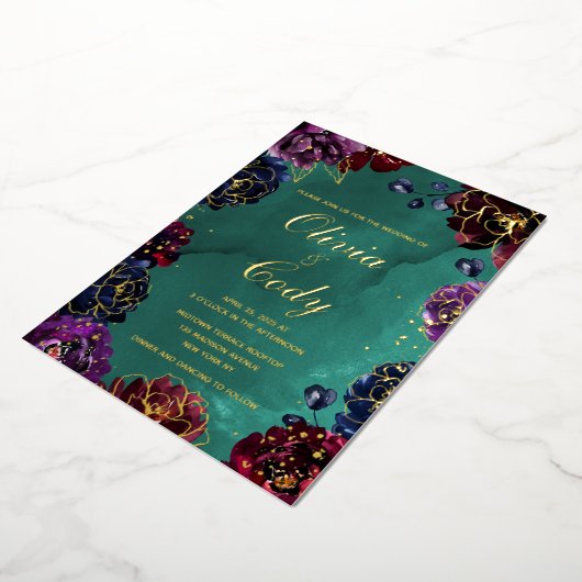 Blauwgroen Bordeaux Amethist Jewel Tone Gold bruil Folie Uitnodiging (Gedraaid)