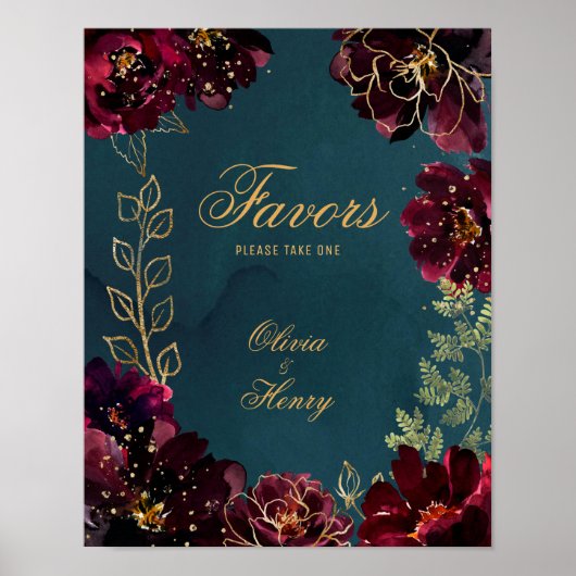 Blauwgroen Bordeaux Jewel Tone Bruiloft Tekens Mat Poster (Voorkant)