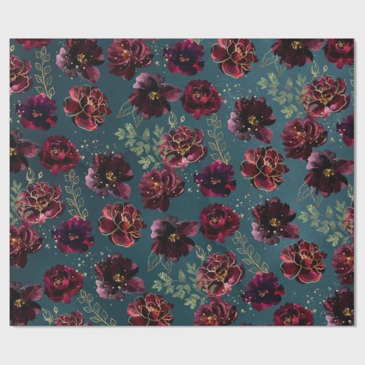 Blauwgroen Bordeaux Jewel Tone Burgundy Peony Wedd Cadeaupapier (Vlak)