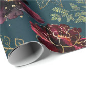 Blauwgroen Bordeaux Jewel Tone Burgundy Peony Wedd Cadeaupapier (Rol Hoek)