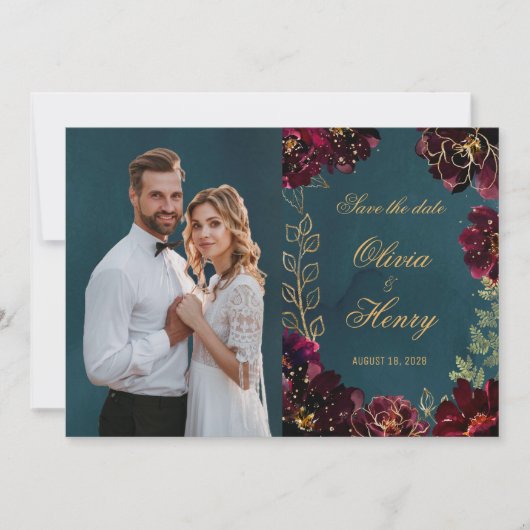 Blauwgroen Bordeaux Jewel Tone Foto Sla de datum o Kaart (Voorkant)