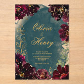 Blauwgroen Bordeaux Jewel Tone Gold Script Wedding Acryl Uitnodigingen (Voorkant)