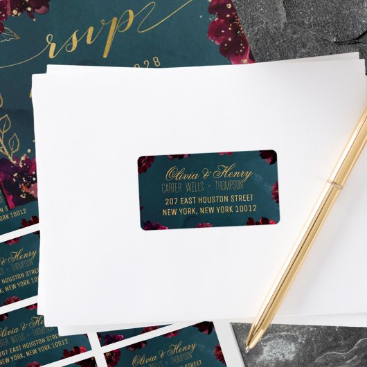 Blauwgroen Bordeaux Jewel Tone RSVP Card Mailing Etiket