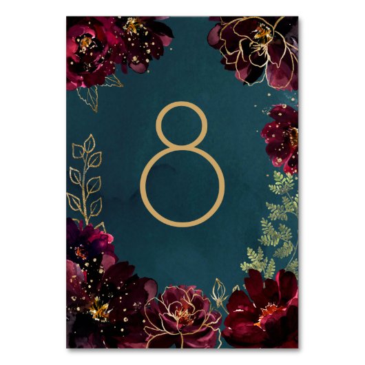 Blauwgroen Bordeaux Jewel Tone Trouwtafel nummer Kaart (Achterkant)