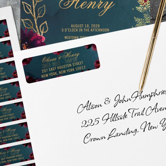 Blauwgroen Bordeaux Jewel Tone Weddenschap Return- Etiket