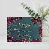 Blauwgroen Bordeaux Jewel Tone Wedding Meal Choice RSVP Kaartje (Staand voorkant)
