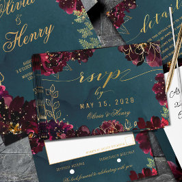 Blauwgroen Bordeaux Jewel Tone Wedding No Meal Cho RSVP Kaartje