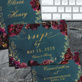 Blauwgroen Bordeaux Jewel Tone Wedding RSVP Online Visitekaartje