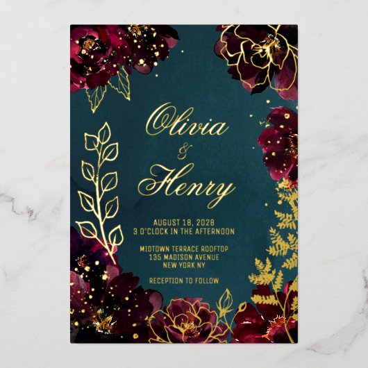 Blauwgroen Bordeaux Jewel Tones Achternamen Bruilo Folie Uitnodiging (Voorkant)